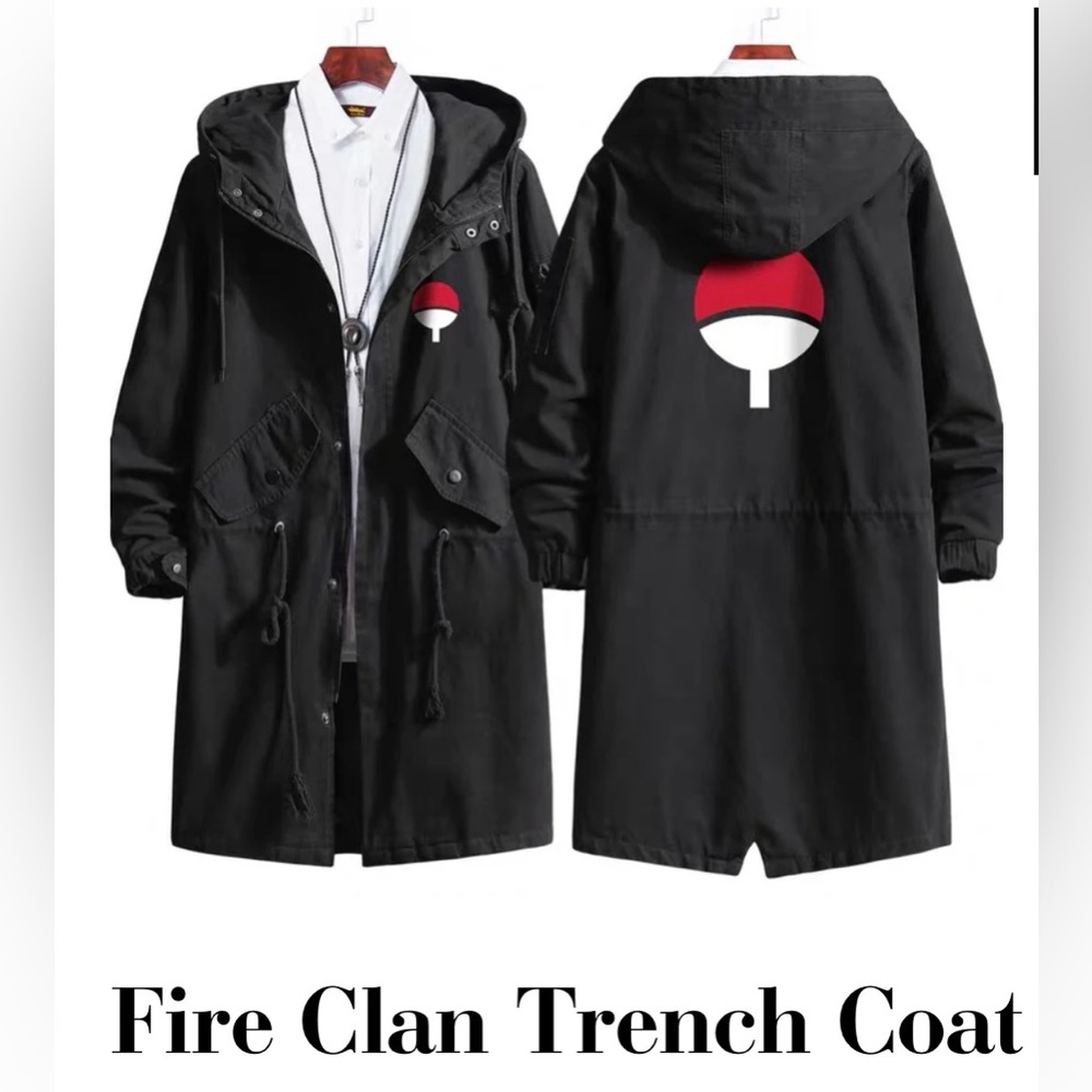 Black Hooded Trench Coat with Red and White Design
